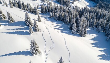 Snowy Mountain Landscape With Fir Trees And Ski Tracks