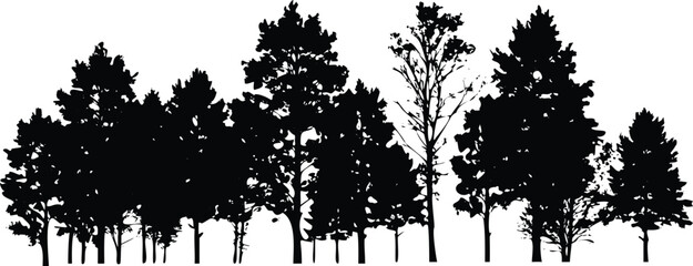 A tropical landscape black silhouette featuring trees and lush vegetation in a black and white sketch isolated on transparent background