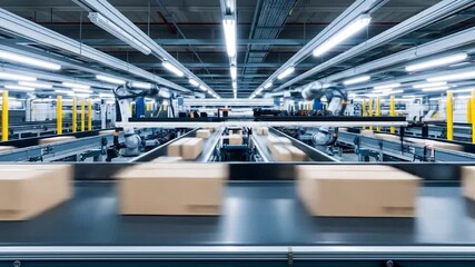 Automated robotic arms sorting boxes on conveyor belts in a modern distribution warehouse - Powered by Adobe