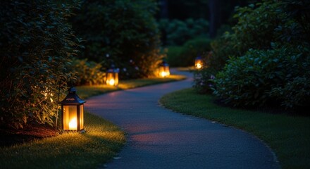 Obraz premium Serene Garden Pathway at Night with Lantern Lighting Warm Atmosphere and Green Foliage