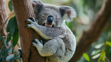 Fototapeta premium Koala holding onto eucalyptus tree, looking sleepy and relaxed