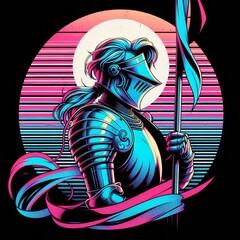 Vaporwave Saint Joan of Arc Anime Illustration with Armor and Banner