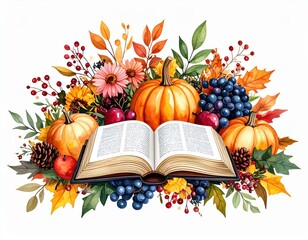 Watercolor illustration of a bible surrounded by autumn harvest elements and flowers