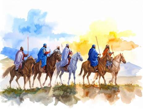 Watercolor illustration of an expedition on horseback beneath abstract sky