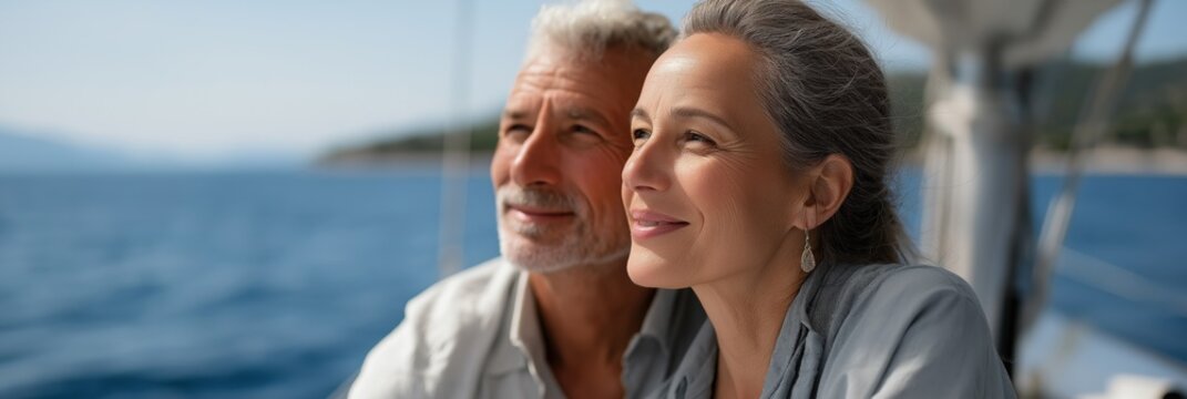 Happy mature caucasian couple sailing on sunny day with ocean view - Powered by Adobe