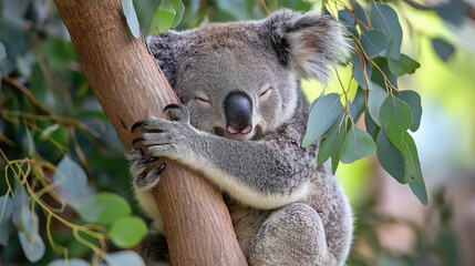 Obraz premium Koala holding onto eucalyptus tree, looking sleepy and relaxed