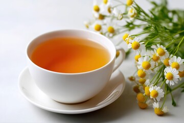 Warm chamomile tea in white cup with fresh blossoms on light background