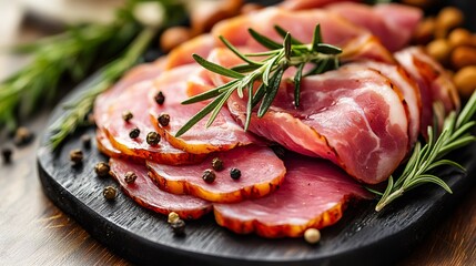 Smoked pork loin slices with rosemary and peppercorns on black cutting board