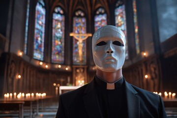 Mysterious masked figure in gothic cathedral with stained glass and candles