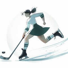 Dynamic ice hockey player pursuing the puck in cartoon watercolor style