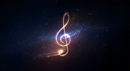 Abstract glowing music note with galaxy particles, cinematic sound harmony concept in high-resolution digital art