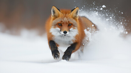 Red fox pouncing into snow during a winter hunt, action moment frozen, 