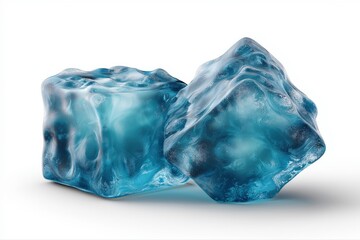 Fototapeta premium Close-up of two blue ice cubes with smooth and textured surfaces on white background