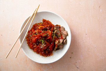 Noodles with beef and hot sauce