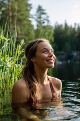 Fototapeta premium Young caucasian female smiling in natural lake with lush greenery and sunlight