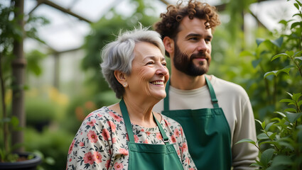 Naklejka premium Senior woman and young man wearing aprons in a greenhouse, smiling. Gardening concept.