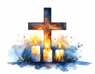 Watercolor depiction of a cross and lit candles evoking themes of faith and hope
