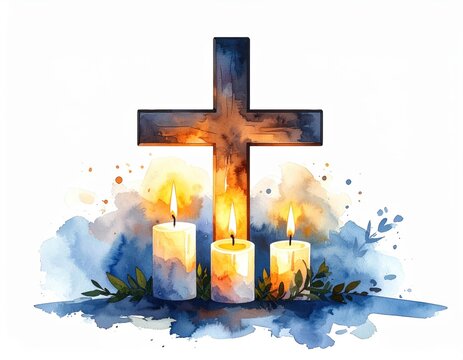 Watercolor depiction of a cross and lit candles evoking themes of faith and hope