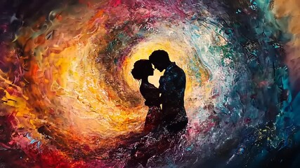 Romantic silhouette of a couple embracing in a vibrant swirl of colors, evoking love and passion - Powered by Adobe