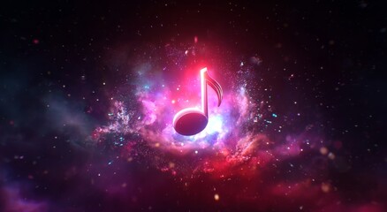 Glowing musical note in explosion of colorful lights against starry space, vibrant red and purple hues symbolizing new music release