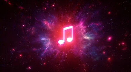 Glowing musical note in explosion of colorful lights against starry space, vibrant red and purple hues symbolizing new music release