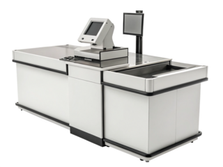 Photo of modern checkout counter with screen and scanner isolated on transparent background