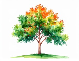 Watercolor rendition of a Mountain Ash tree displaying vibrant autumn colors
