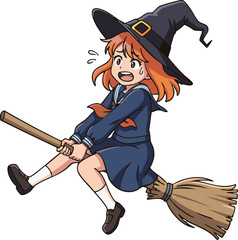 Clumsy Young Witch Girl Struggling on Broomstick, Anime Flat Style Illustration