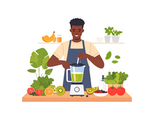 Smiling young Black man in an apron making a healthy green smoothie with fresh fruits and vegetables.