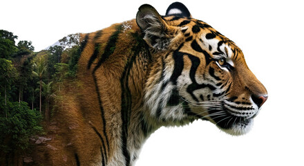 Side view image of Malayan Tiger with rain forest double exposure effect.