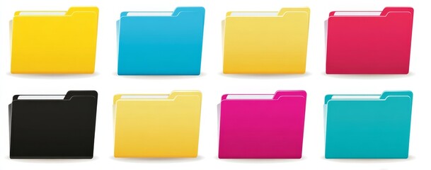 Flat vector folder icons in yellow, blue, pink and black on white background, minimal design for UI, web or app interface