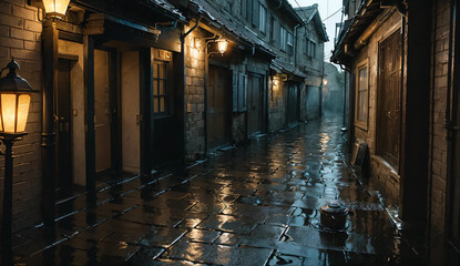 Fototapeta premium Rainy Alleyway: Echoes of Light in a Quiet Night 비 내리는 골목길: 고요한 밤, 빛의 메아리