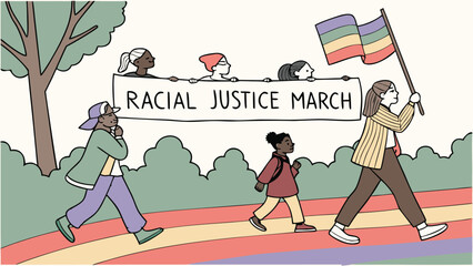 People marching for racial justice holding a banner and a rainbow flag on a rainbow colored path