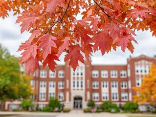 Vivid orange-red maple leaves frame a blurred brick building, hinting at autumn on a school campus.