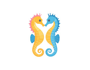 Fototapeta premium Stylized illustration of a blue and a yellow seahorse couple in a symmetrical heart pose with curled tails.