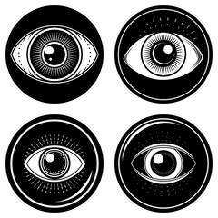Four eye illustrations in black circles with unique designs and radiating lines around the eyes