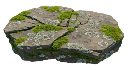 Moss-covered Rocky Stone with Lichen and Green Growth Isolated on White Background