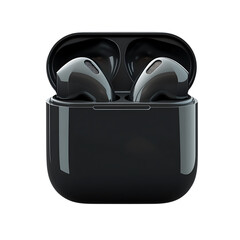 Pair of Bluetooth earbuds with charging case, realistic render, isolated PNG.