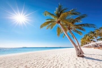 Pristine white sand beach, vibrant blue water, and towering palm trees under a bright sun
