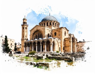 Fototapeta premium Watercolor depiction of historic church with architectural details and serene sky