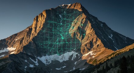 Mountain Peak with Digital Data Overlay in Sunset Light
