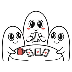 Obraz premium Cute Ghosts Playing Cards and Drinking Coffee Together