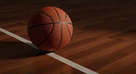 Basketball on Polished Court Near Free-Throw Line