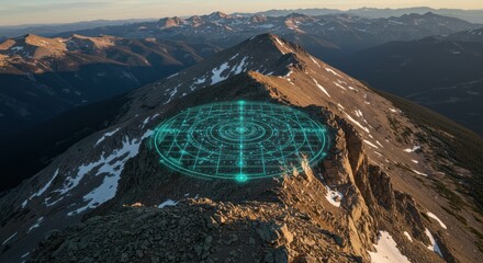 Mountain Peak with Digital Radar Overlay in Sunset Light