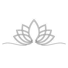 Simple continuous line art of a stylized lotus flower with distinct petals. This minimalist vector design, featuring a black outline on a white background, is perfect for yoga studios, meditation, wel