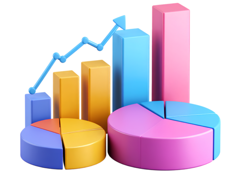 Data Growth Concept 3D Bar Graph and Exploded Pie Chart in Bright Colors, Transparent Background