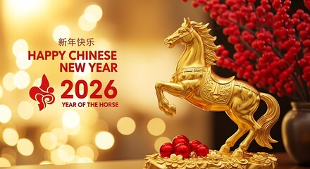 A golden horse statue and festive decorations celebrate Chinese New Year 2026.