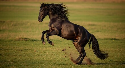 A majestic black horse rears up on its hind legs in a grassy field.