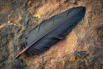 Single black feather is lying on a rough textured rock, bringing a sense of peace and tranquility