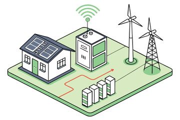 Obraz premium Isometric view of a house with solar panels, wind turbines, and energy storage system connected by an arrow